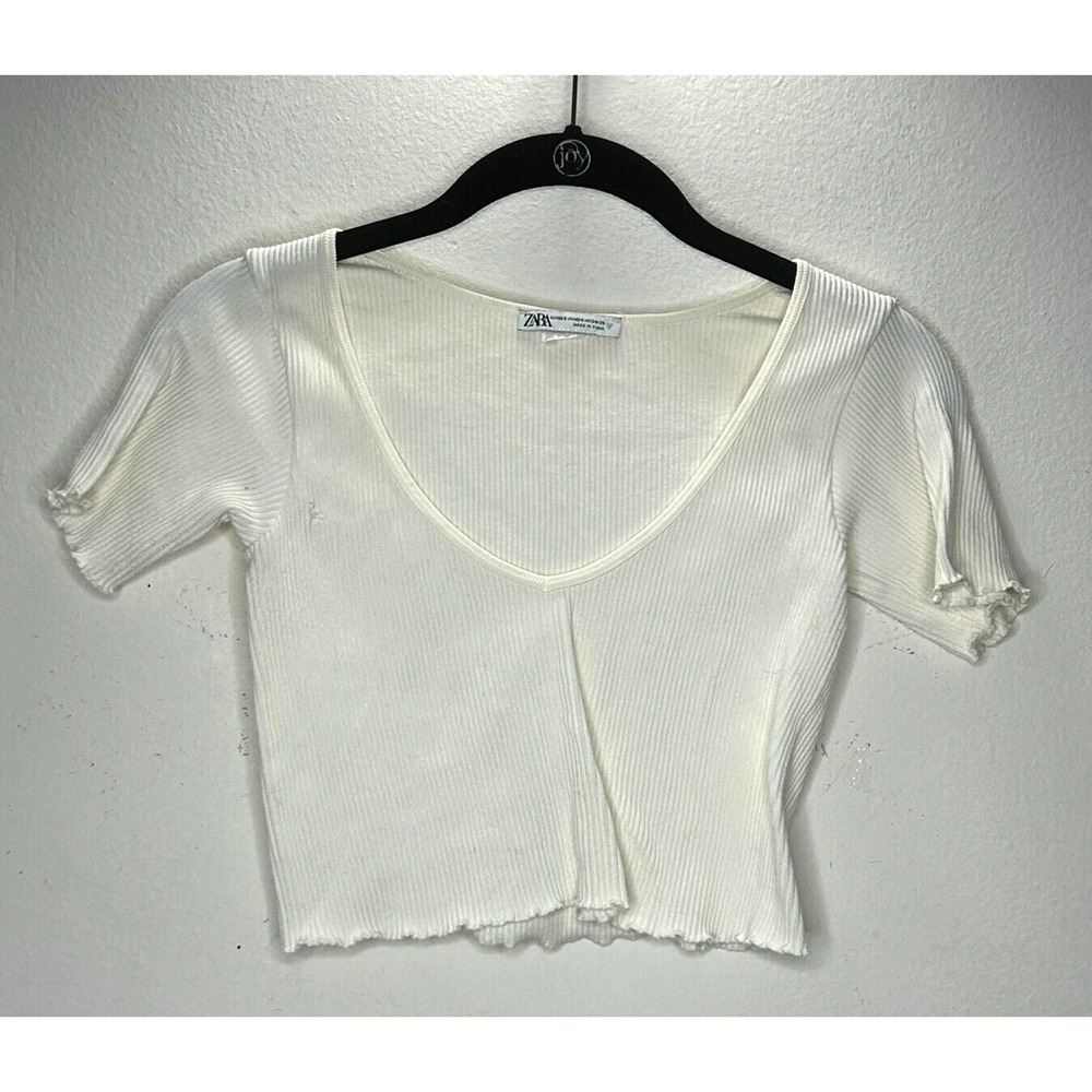 Zara Cream Ribbed Scoop Neck Top Short Sleeve Lettuce Hem Sleeves & Bottom XS